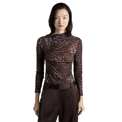 Cue Leopard Ruched Mesh Long Sleeve Top